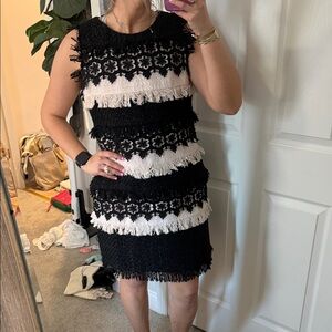 Boston Proper Black and Cream Fringe Mini Dress